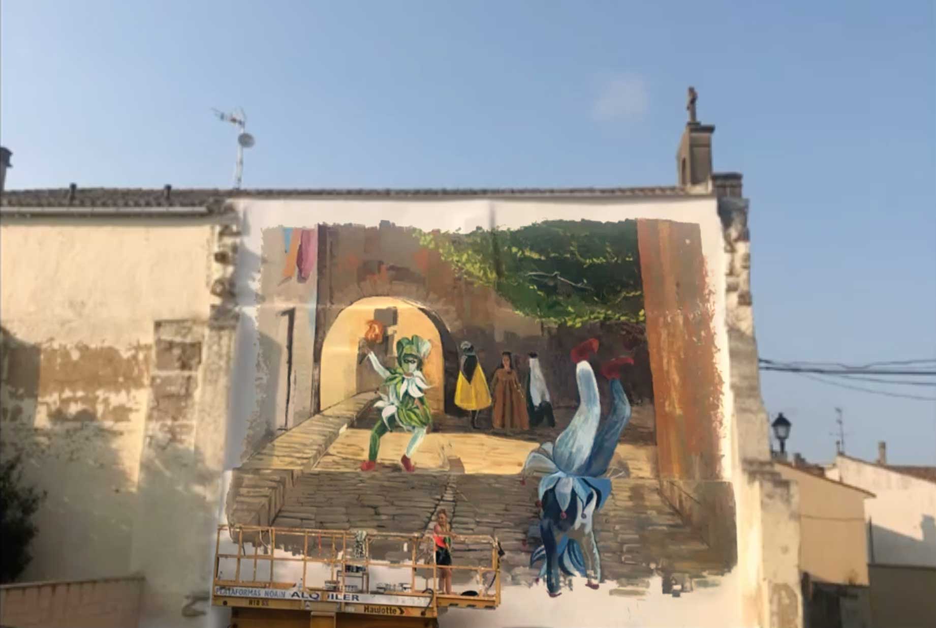 Mural medieval de 80 metros cuadrados en Artajona pintado por Montse Palacios