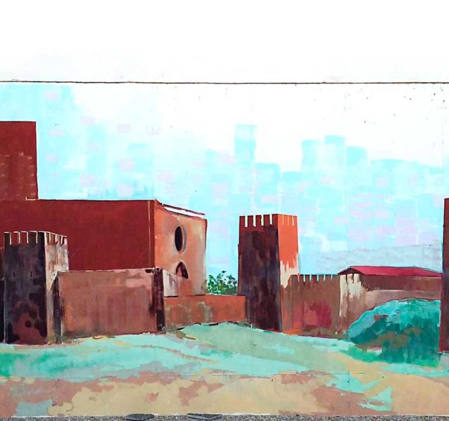 Ciudad amurallada. Pintura de mural en Artajona.