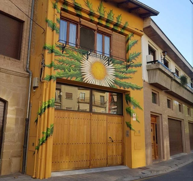 Pintura de fachada en una vivienda individiual. Un símbolo tradicional del sol representado en una planta y después plasmado en una pared con un marcado tono realista.